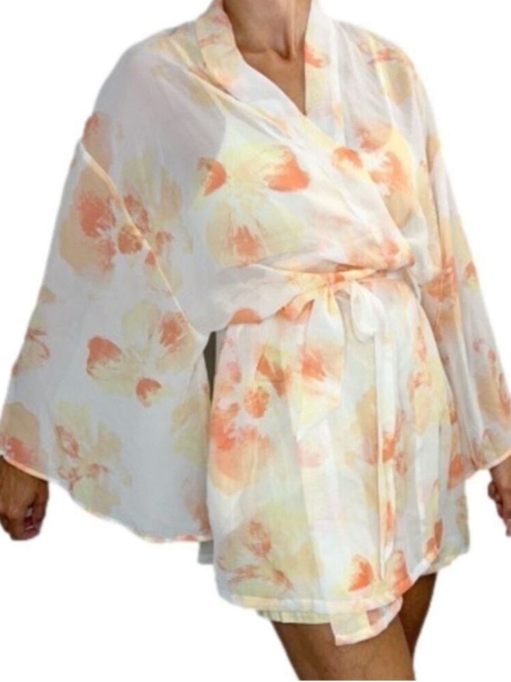 La Vie En Rose white peach yellow floral chiffon kimono jacket robe L XL